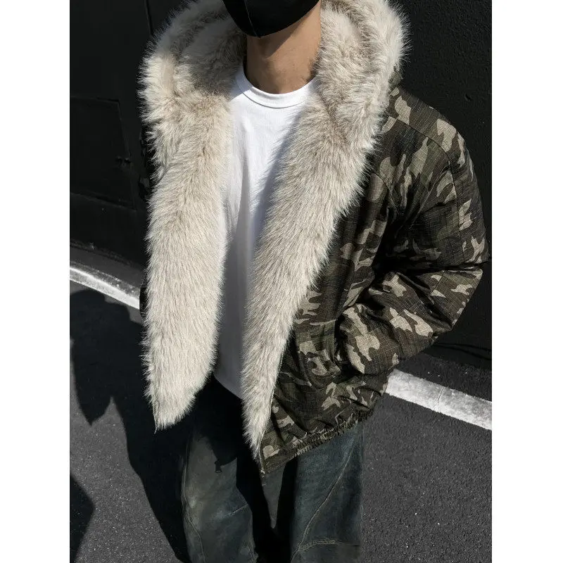 

Thiened American MA Camouflage Hooded Parka Men's Winter Workwear Cotton Jaet Warm Fur Collar Casual Youth Faion