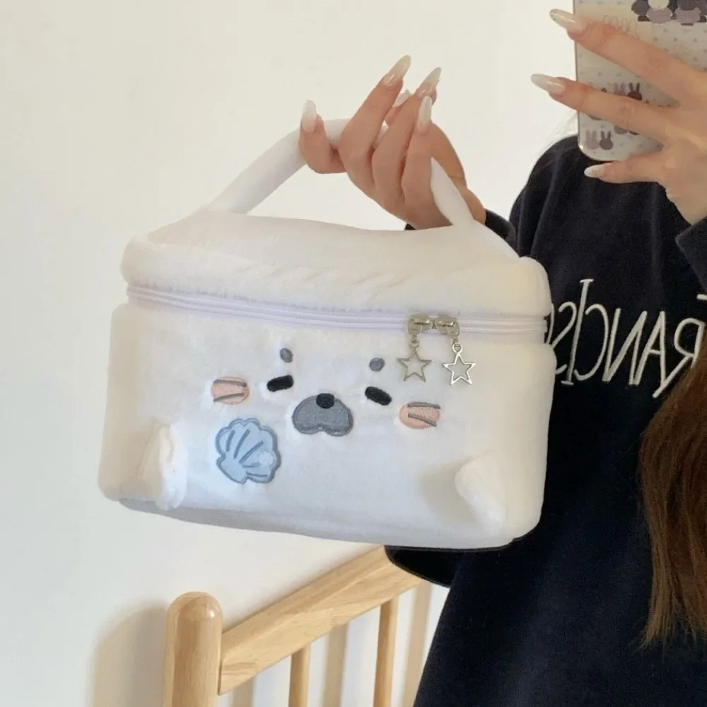 Fluffy Little Seal Makeup Bag Handheld Embroidery Pattern Cosmetic Bag Large Capacity Portable Travel Toiletry Bag Multipurpose