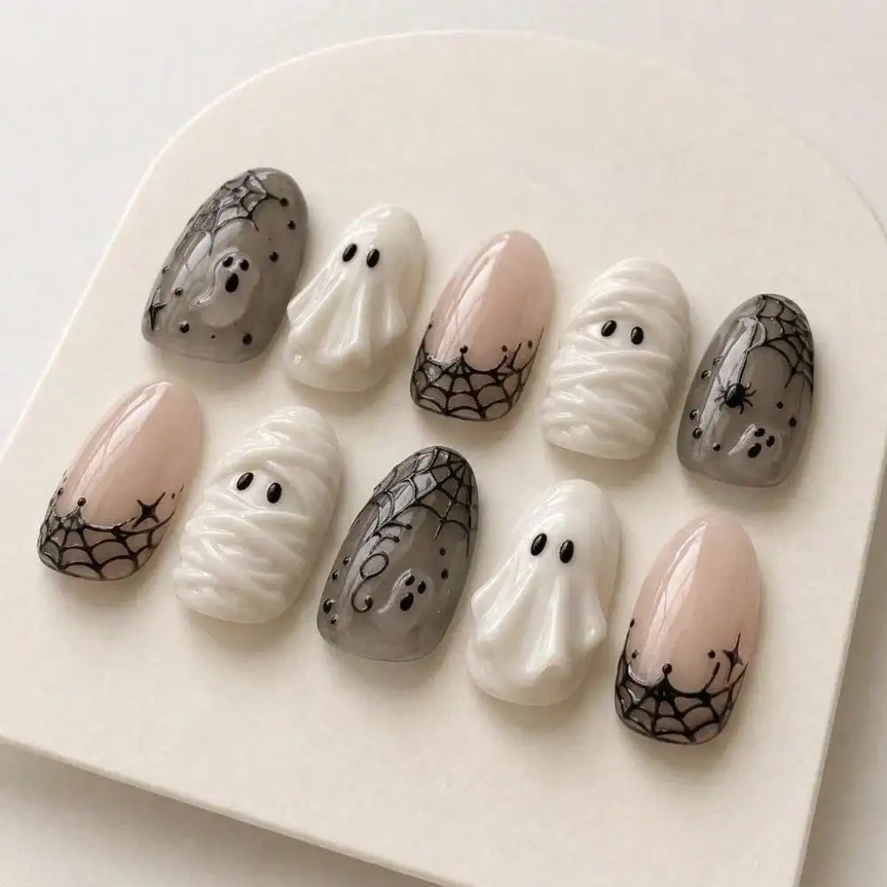3D Ghost Halloween Press On Nails, Mummy Spiderweb Cute Spooky Handmade Fake Nails, Hard Durable Fall Y2K Nail Set/ Universal In 858 Regions