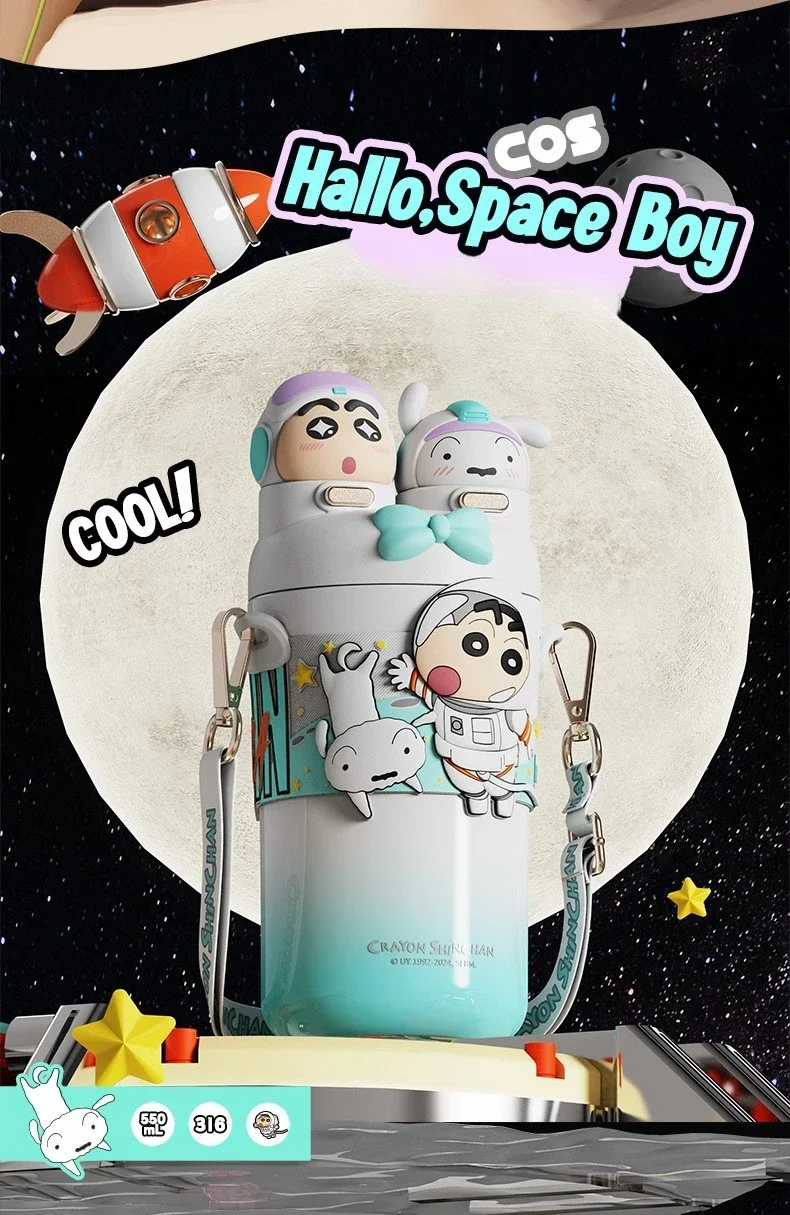 

Термос с карандашом Shin-chan, 550 мл, высокий внешний вид, прыгающая чашка, соломенная милая двойная крышка для напитков, чашка для воды из нержавеющей стали