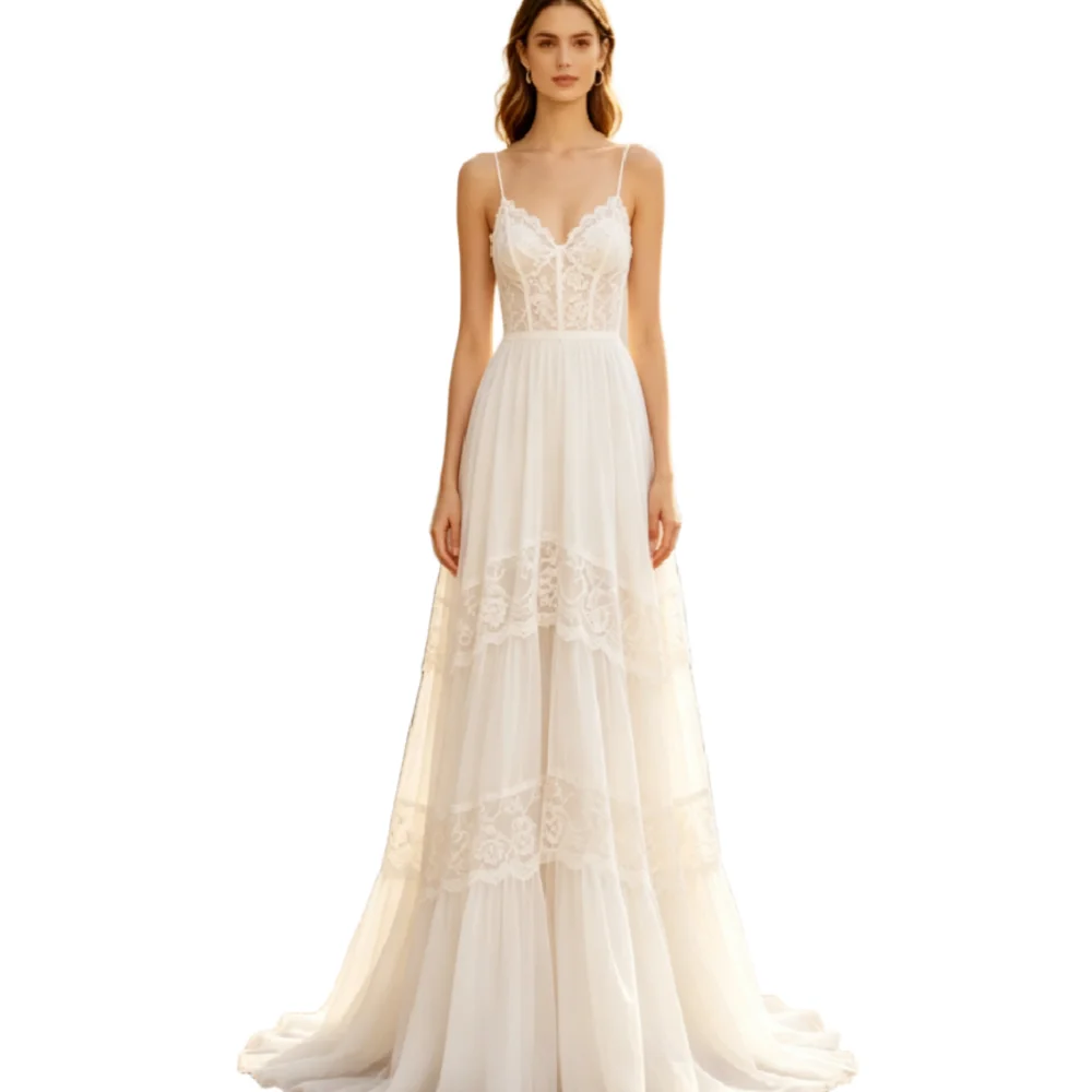 Rustic Boho Lace Tiered Wedding Dress Spaghetti Strap V Neck Flowy A Line Bohemian Country Bridal Gowns Elegant Reception Party