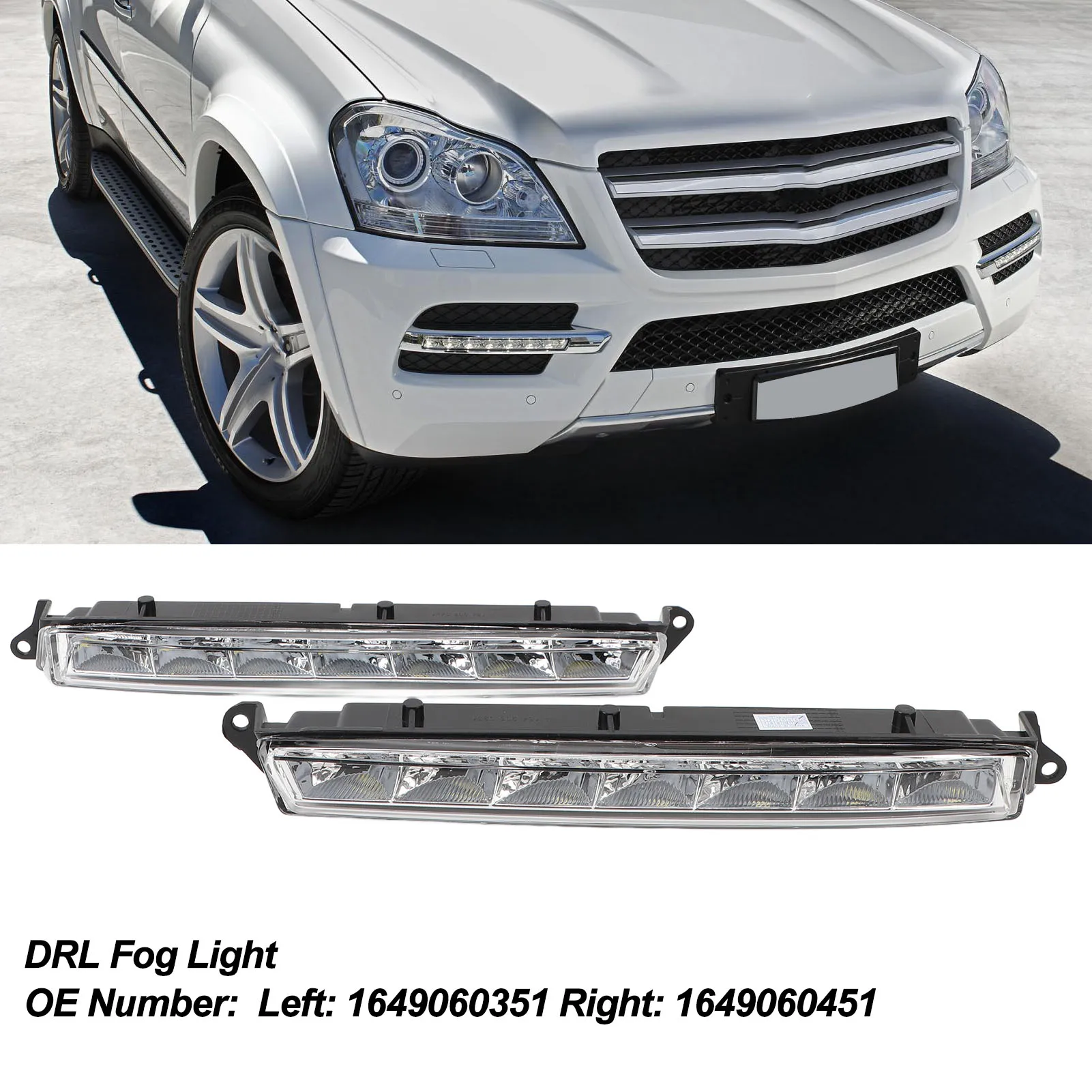 

DRL Fog Light Left Right 1649060351 Waterproof Shock Proof Front LED Fog Lights Clear Lens 1 Pair for GL‑Class X164