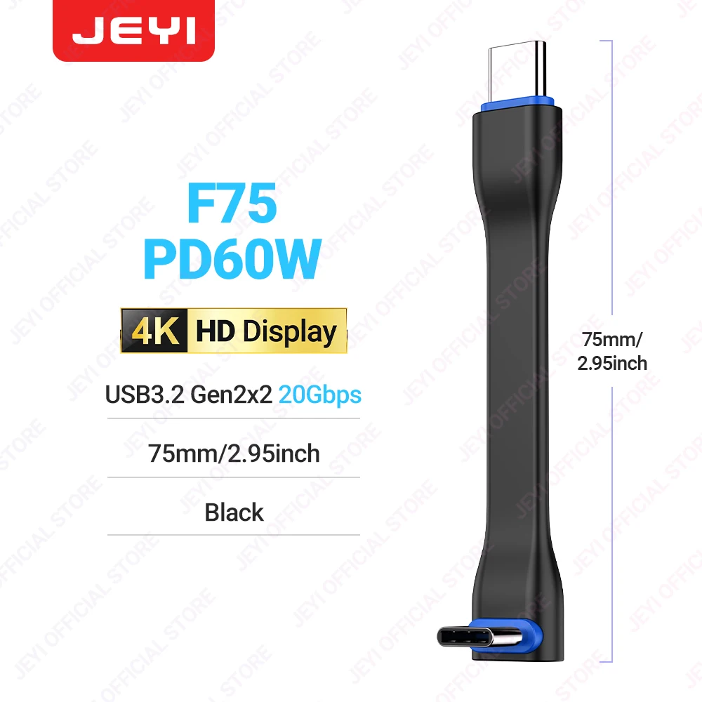 JEYI 20Gbps 90 ° USB-kabel C naar C PD 3A 60W 75MM Mobiele Power USB-C Kabel voor het opladen van powerbanks, MacBooks, laptops, tablets, iPhone 15 Pro