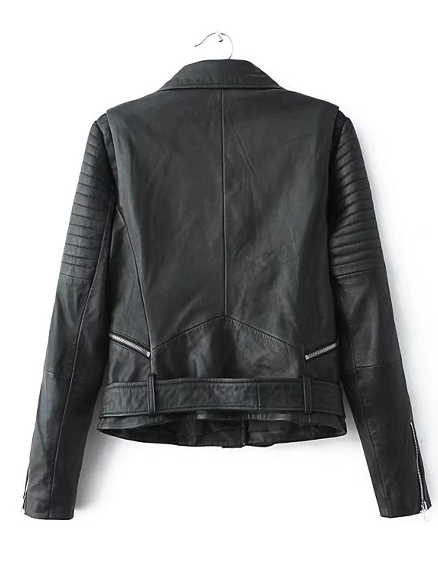 New Women Autumn Winter Black Faux Leather Jackets Zipper Basic Coat Turn-down Collar Motor Biker Jacket With Belt