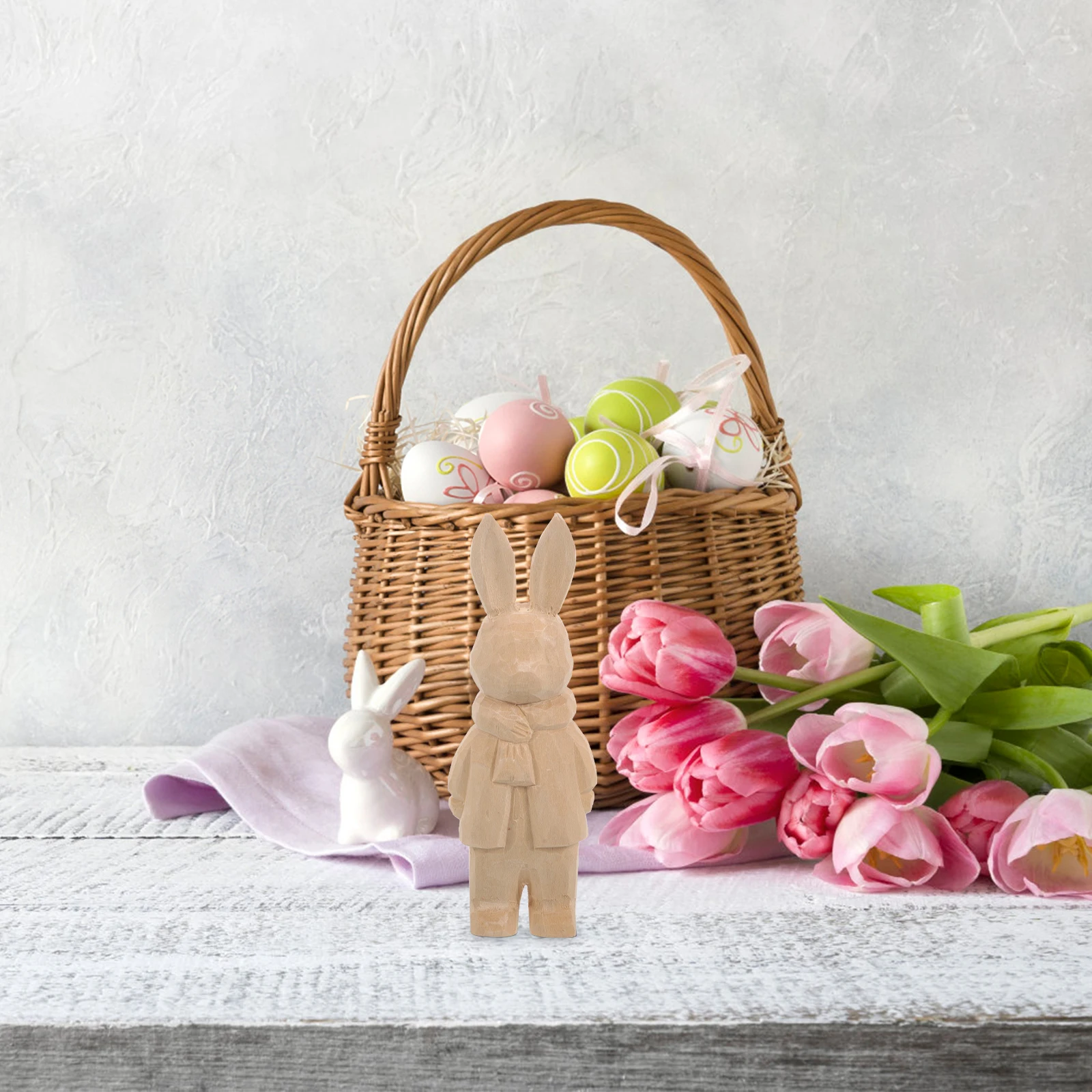

Log-colored Rabbit Ornaments Cute Animal Sculpture Bunny Unfinished Wood Figurine Decoration Craft