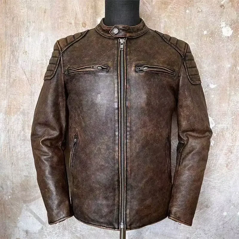 Autumn Winter Youth Mens Cowhide Texture Faux Leather Stand Collar Biker Jacket Retro Color Block Daily Street Casual Outer Coat