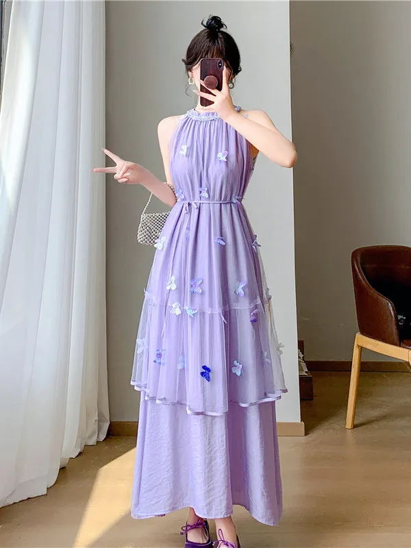 

Romantic Beach Vacation Long Dress Design Sensation Slimming Mesh Neck Hanging Waist Cinching Summer New Style A-Line Skirt