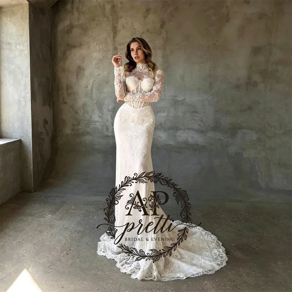 AP pretti Customized Modern High Neckline Long Sleeves Mermaid Wedding Dress Elegant Open Back Floor Length Sweep Train Gown For
