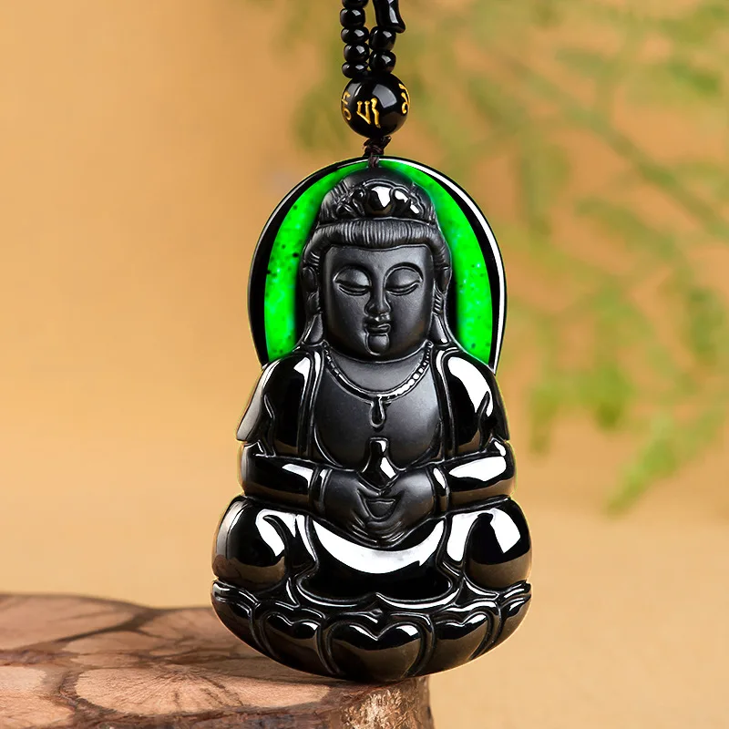 

Natural Ink Jade A-grade Jade Pure Bottle Guanyin Buddha Statue Jade Pendant Transparent Green Men's Necklace Women's Style