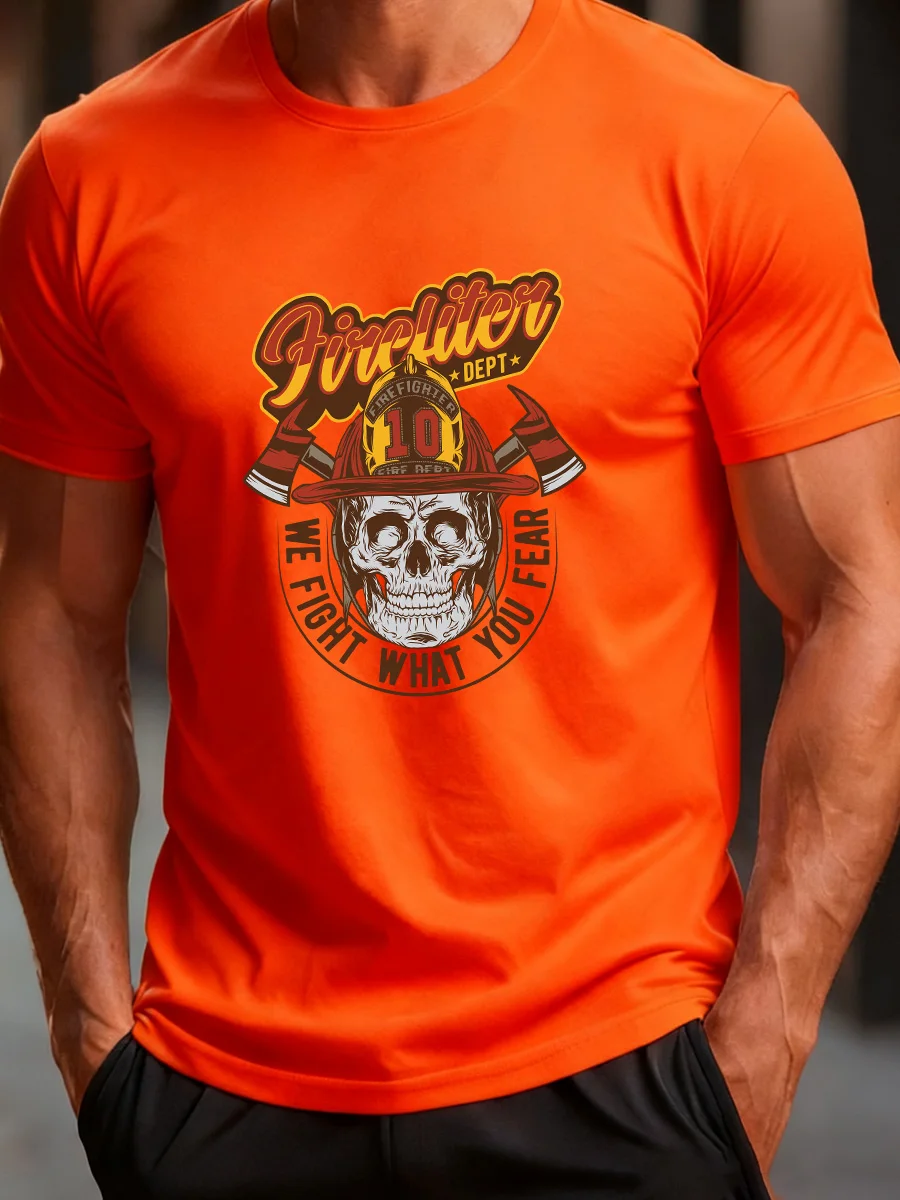 

Orange Short Sleeve Firefighter Skull Print T-Shirt with "Firefighter Dept" and "We Fight What You Fear" Slogan