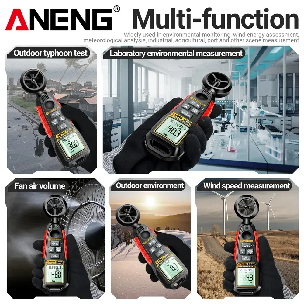 ANENG GN302 Handheld Anemometer 9999 Count Digitaal 0,4 ~ 30,00 m/s Windsnelheidsmeter -20,0C ~ 60,0C Temperatuurtester Anemometro