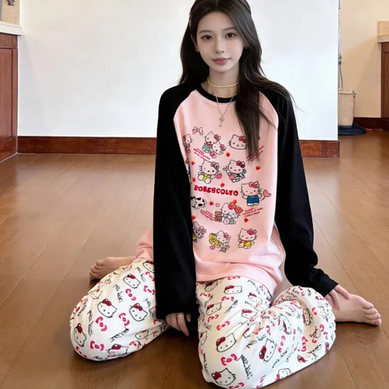 

Популярный женский комплект пижам: осенняя пижама с длинными рукавами и брюками, домашняя одежда, милая мультяшная пижама Hello Kitty