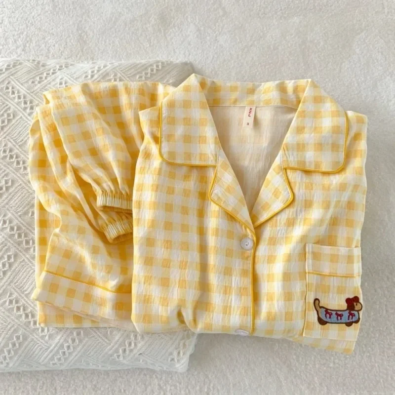Y2K Embroidery Plaid Dachshund 2PC Set Women's Pajamas Sweet Cute Short Sleeve Shorts Pajamas Lapel Neck New Summer Homewear