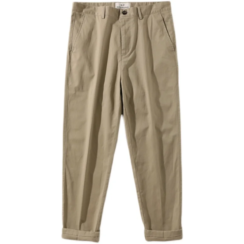 بنطال كاجوال مريح من القطن الخالص مضاد للتجاعيد بقصة ضيقة للرجال للربيع والصيف، سروال غرب طويل مستقيم الساق قابل للتجاعيد