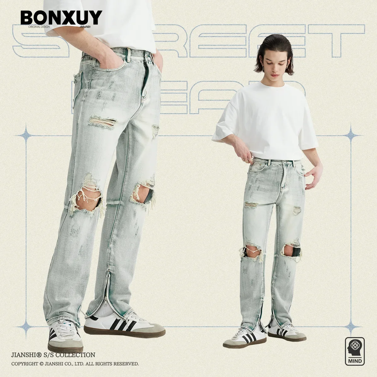 

BONXUY Tide brand high street hole skinny jeans men and women hip-hop retro washed zipper scraping beggar casual pants