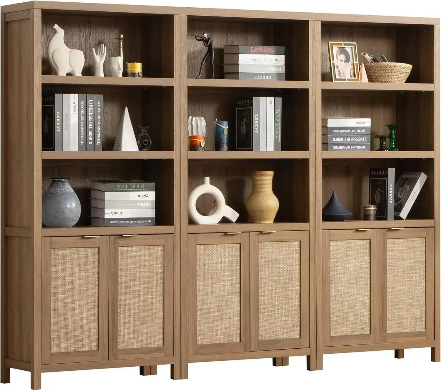 

Книжный шкаф 5-уровневая книжная полка из ротанга в стиле бохо, высокий книжный шкаф, полка с дверцами для хранения, большие деревянные книжные шкафы, книжные полки для фермерского дома (3 шт.)