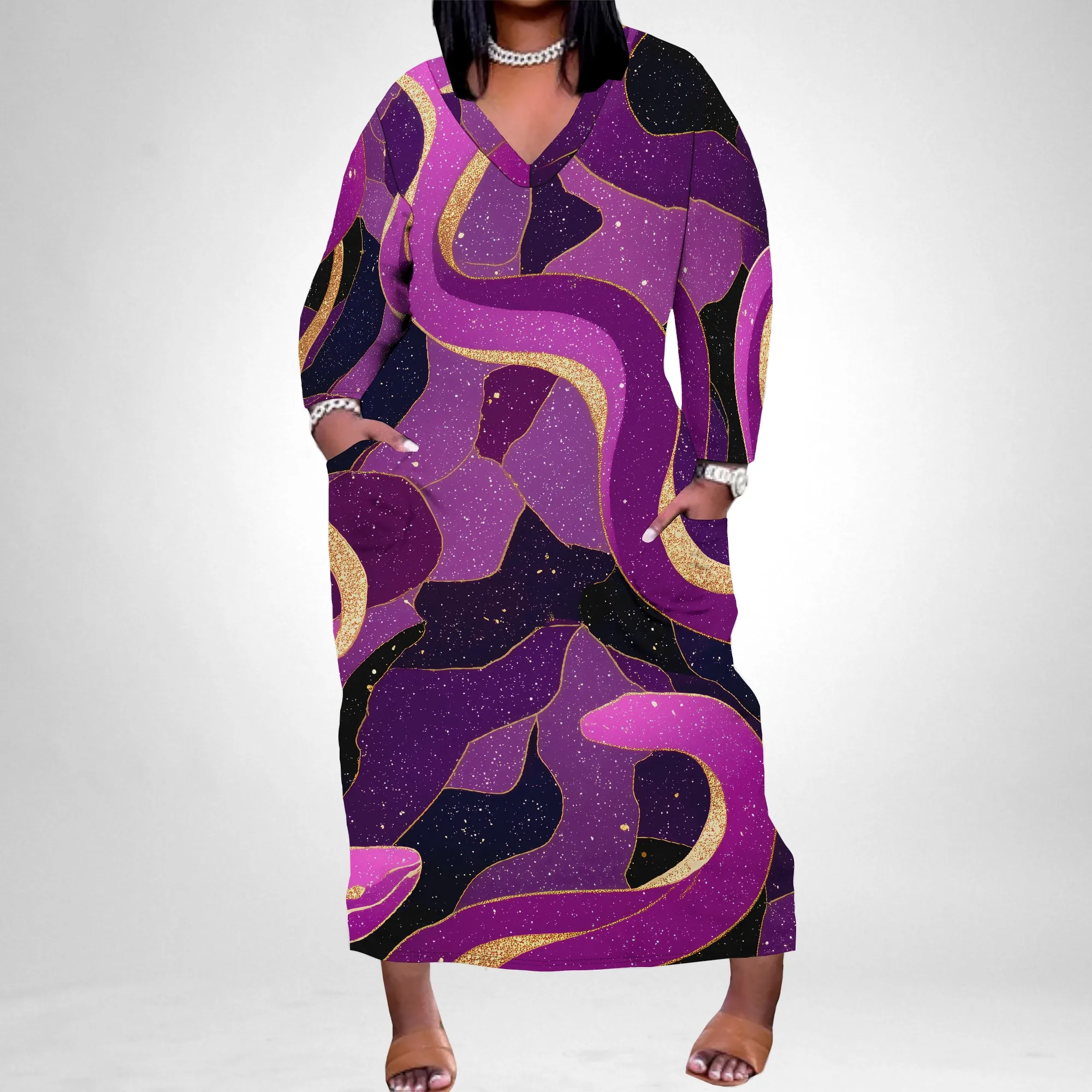 

Plus Size Abstract Print Maxi Dress Women V Neck Long Sleeve Pocket Casual Gown