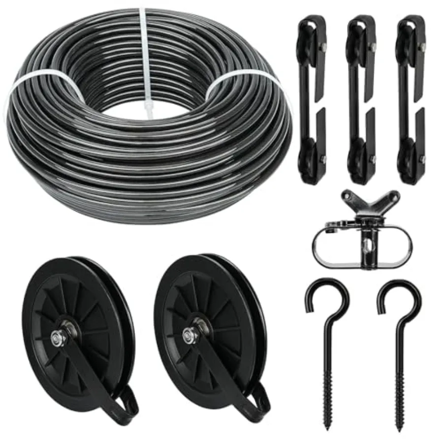 

Outdoor Clothesline Kit, 150Feet Black PVC Coated Galvanized Clothes Line Pulley Kit with 6.3" Clothesline Pulley, M8 Metal Hoo