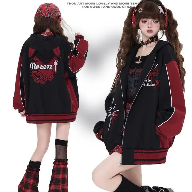 Gothic Aesthetic Streetwear Women Baseball Jacket Y2k Cat-Ear Black-Red Hooded Autumn Versatile Print Coat Bomber Jacket Women
