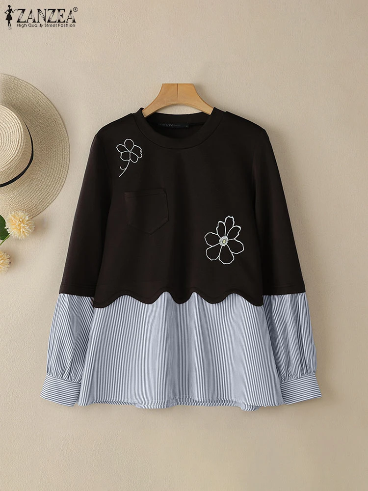

ZANZEA Embroidered Flowers Crew Neck Sweatshirts Casual Striped Patchwork Loose Long Sleeve Pullovers 2025 Spring Womens Hoodies