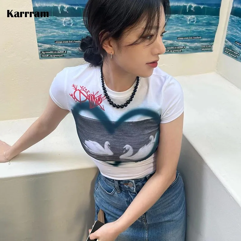 Karrram Korean Fashion Crop Tops Y2k Aesthetics Grunge Print T-shirt Fairycore Japanese Harajuku Short Sleeve Tee Shirt Kawaii