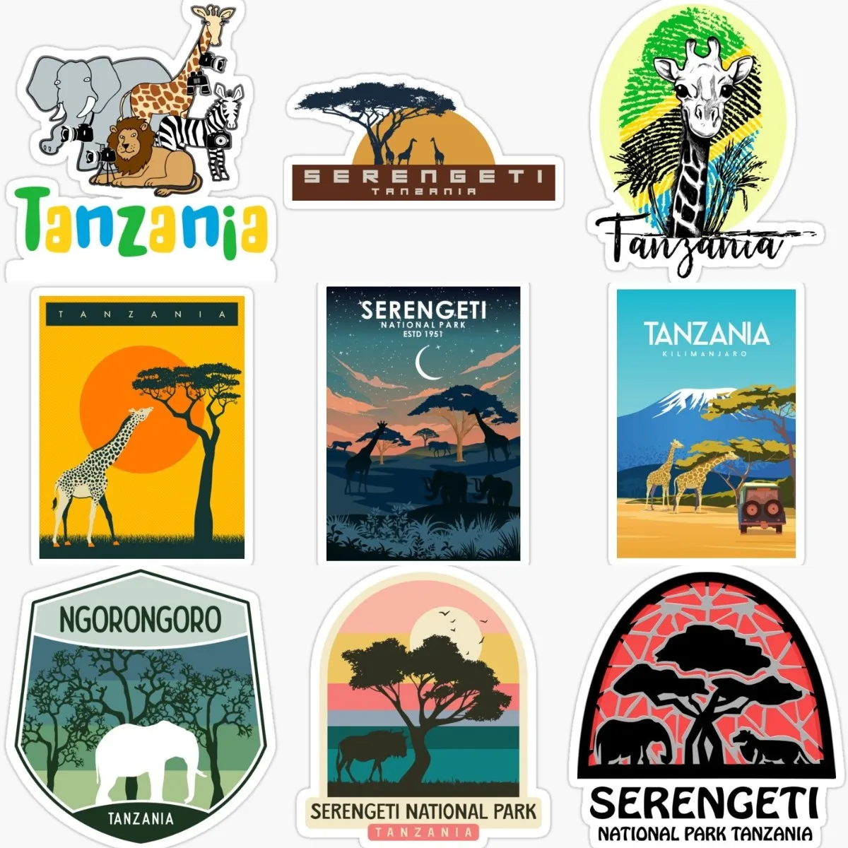 TZ Tanzanian Grassland Giraffe Elephant Animal Sticker Truck Window Laptop Car Wall Moto Bicycle Van Glass Decal Customizable