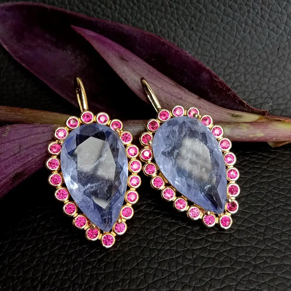 

Y·YING Purple Quartz Teardrop Shape Red Cz Pave Danlge Hook Earrings
