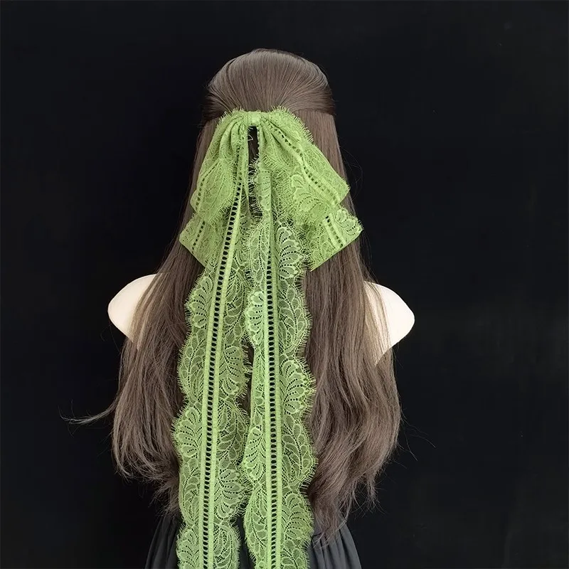 Long Green Lace Streamer Bow Vintage Half Up Hairstyle Hair Ornaments For Girls Daily Wear Hair Clip Fairy New Chinese Hanfu