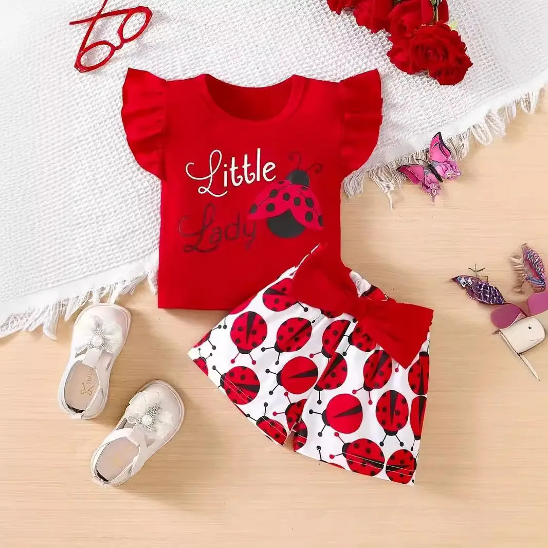 Cute Little Lady Ladybug Print Baby Girl Summer Clothes Set Ruffle Flying Sleeve Top Elastic Bow Shorts Toddler Wear Outfit