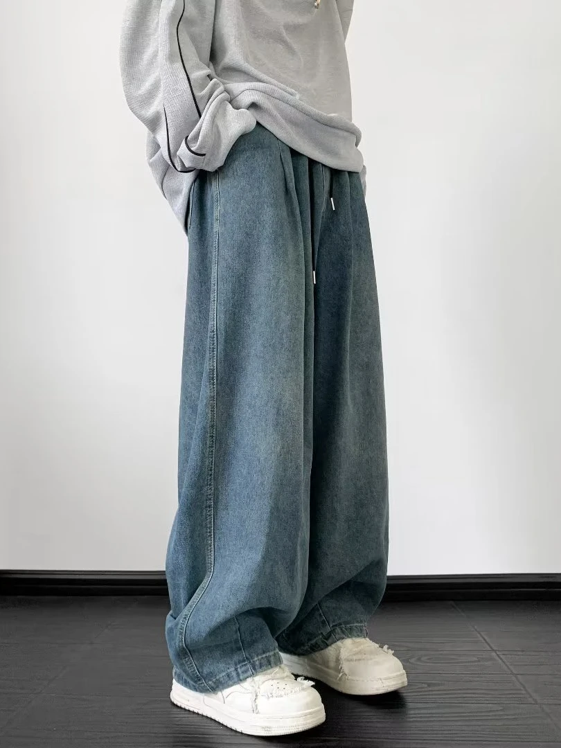 Retro Japanese Style Drawstring Denim Jeans for Men Loose High Street Wide Leg Pants Harlan Long Trousers Youth Casual Wear
