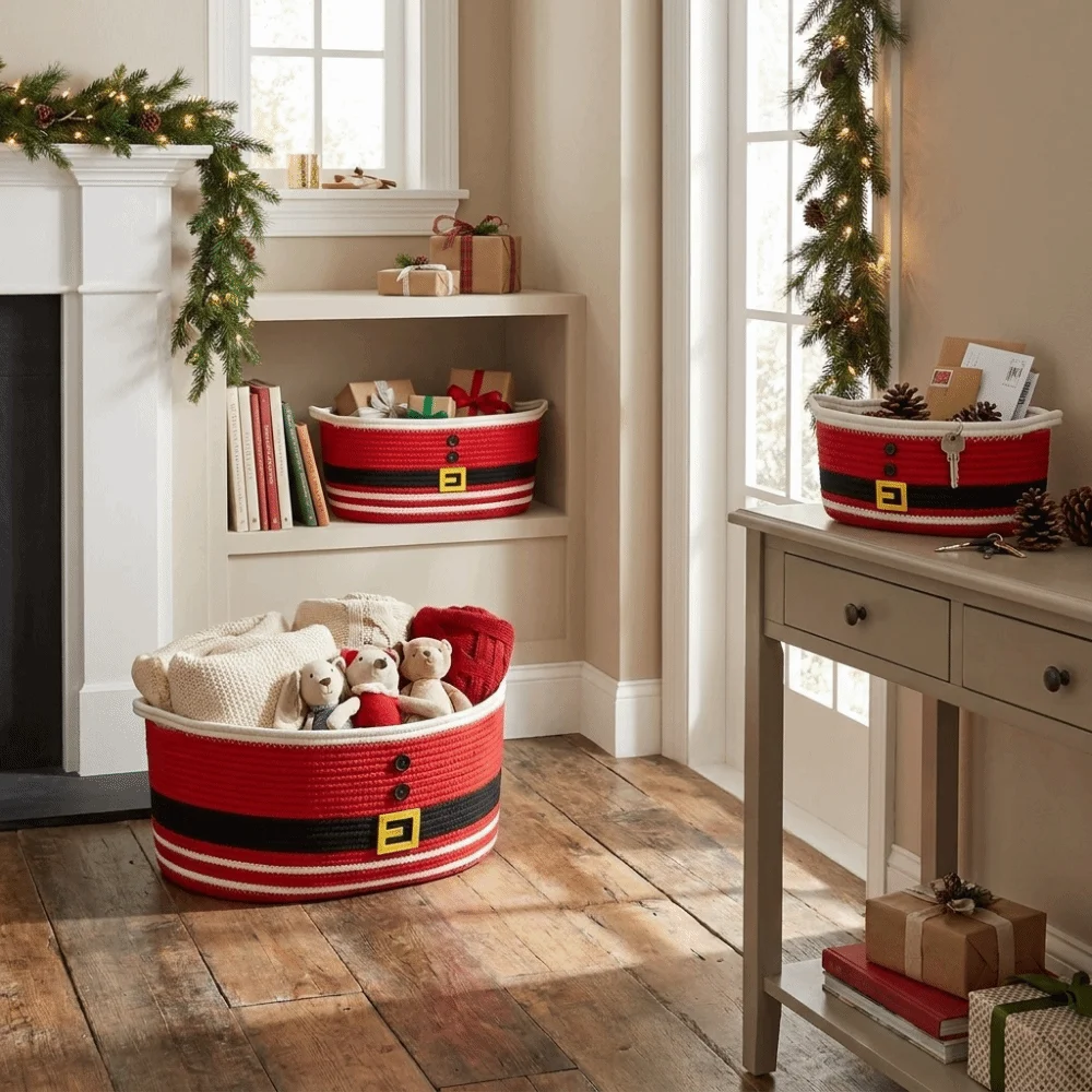 Cotton Rope Christmas Woven Storage Basket Santa Claus Ribbon Trim Snack Storage Basket Braided Decorative Storage Bin