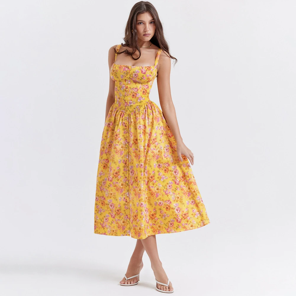 CLEARANCE SALE Summer Elegant Floral Print Midi Holiday Dress Yellow Back  Lace Up Party Dresses Casual Women Dress 2023 - AliExpress 200000345