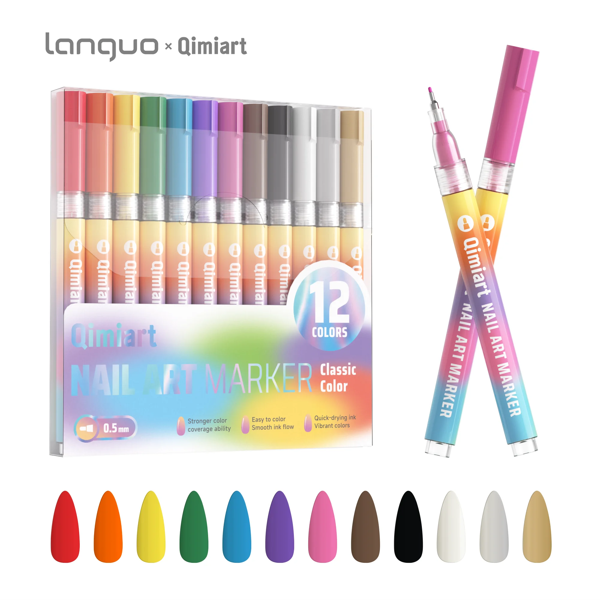 Languo×Qimiart M560 12-Color 0.5mm Ultra-Fine Nail Art Pen, Valve-Type Ink Control for Smooth Ink Flow, Quick-Drying and Highly