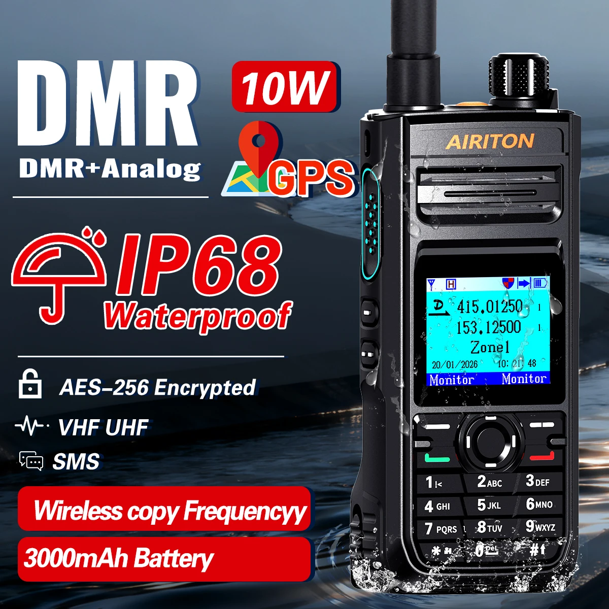 

AIRITON DM-188 DMR Digital Analog Walkie Talkie 10W IP68 Waterproof AES256 SMS 3000mAh Dual Band Ham Radio DM1701 DM-32