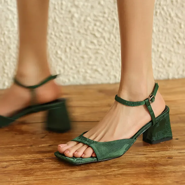 Vintage Silk Green Women Sandals Simple Design Square High Heels Summer Shoes Black Casual Lady Sandalias Champagne Zapatillas