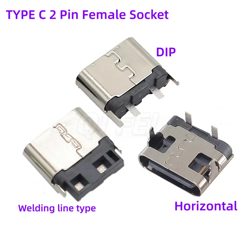 

20pcs TYPE C 2 Pin Female Socket Connector DIP Vertical 180° Horizontal Welding line type Charging Port Plug Power USB Socket