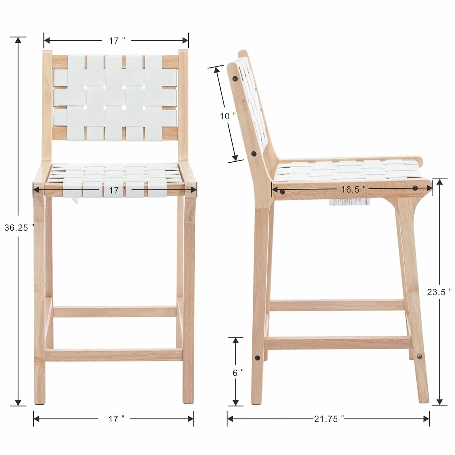 Counter Stool Set of 2, PU Woven Seat & Open Back, 23.5
