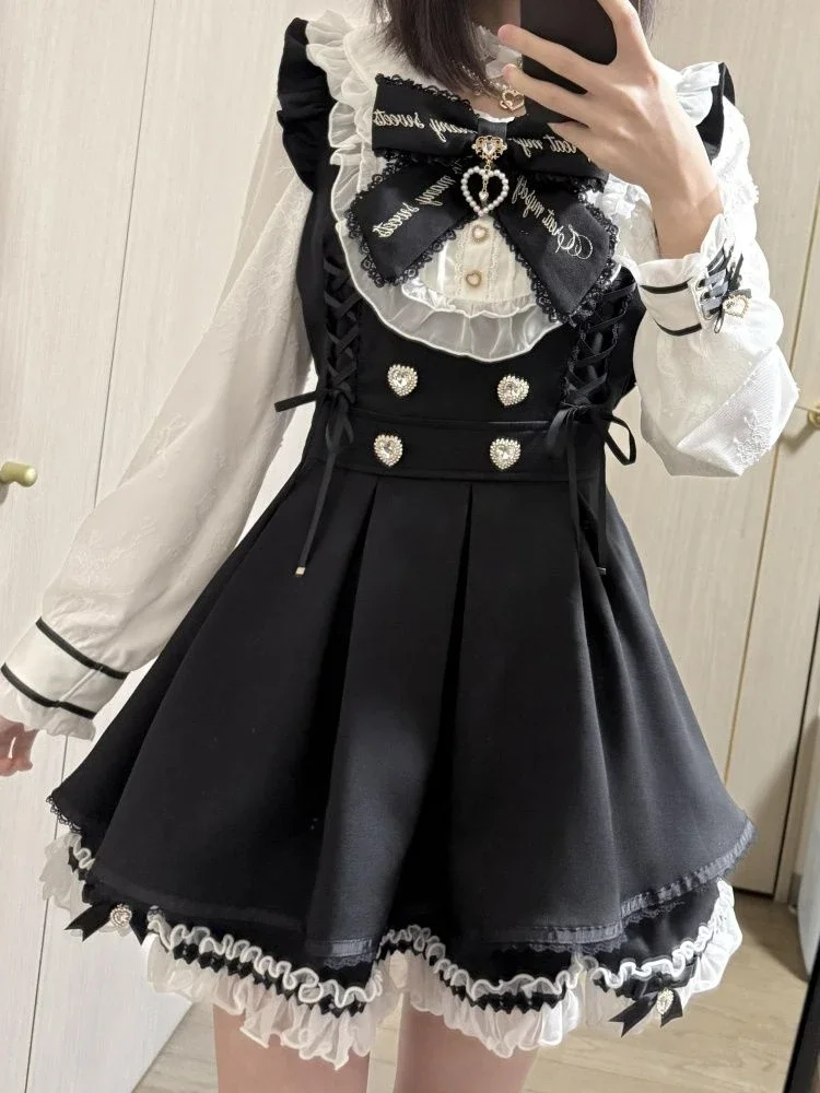 

Japanese Y2 Aesthetics Rhinestone Bow Dress Shorts Set Women Gothic Lolita Style Long Sleeve Shirt Dresses Party Slim Mini Dress