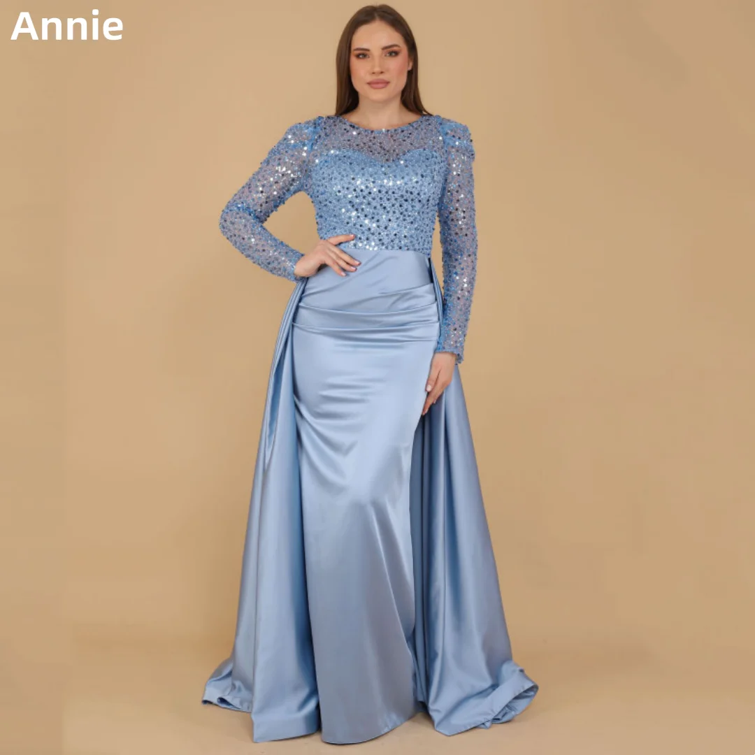 Annie Light Blue Wedding Dress Embroidered Sequins Women Prom Dresses Luxury Long Sleeve Satin Mermaid فساتين سهرة Customized