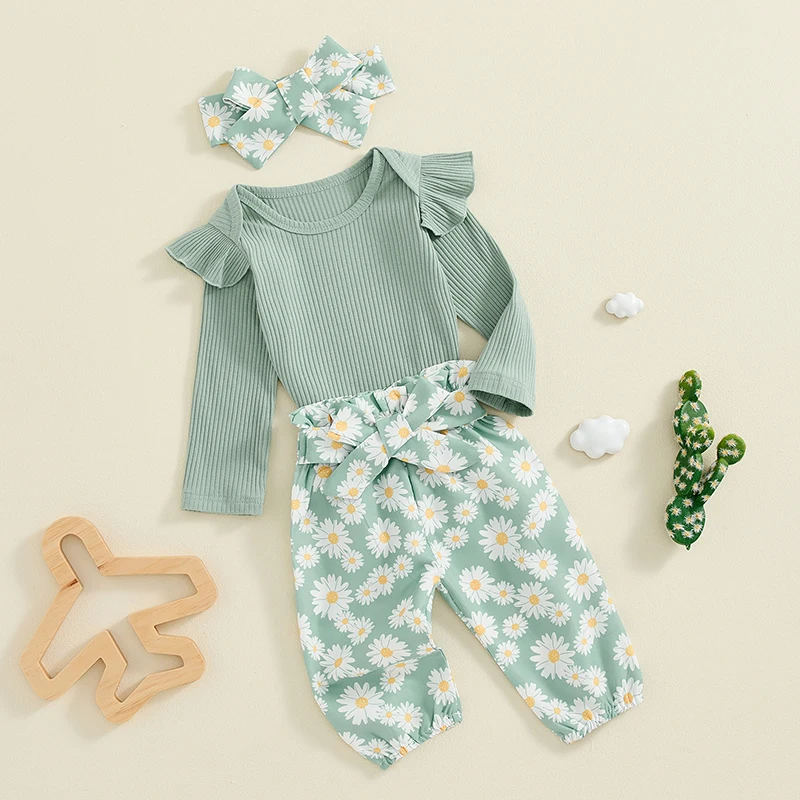 Newborn Infant Girl Clothes Rib Knit Romper Daisy Print Pants Headband Baby Clothes for Girls 0 3 6 12 18 24 Months