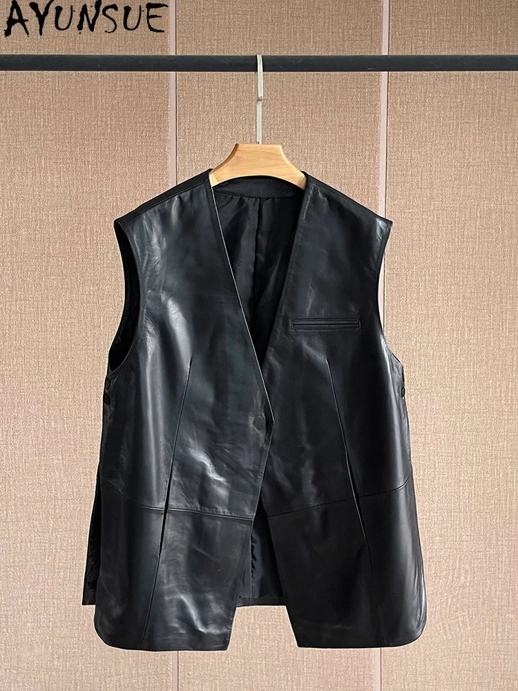 AYUNSUE 100% Genuine Sheepskin Vest Jackets Woman V-Neck Loose Sleeveless Leather Jackets Woman Clothes 2025 Autumn Abrigo Mujer