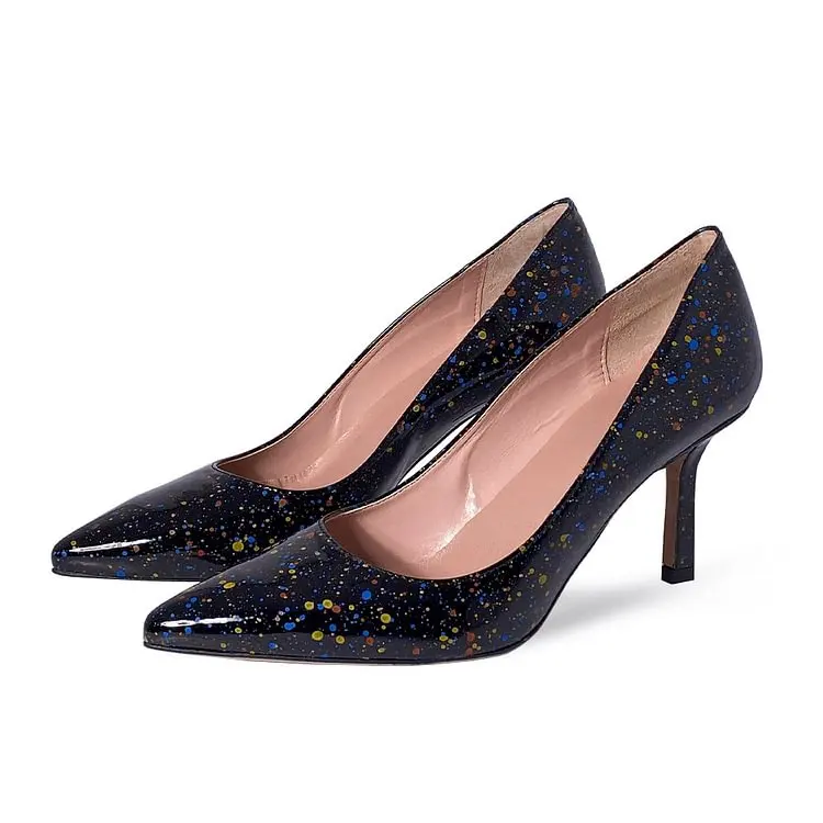 

Black Patent Leather Closed Pointed Toe Paint Dots Pumps Heels