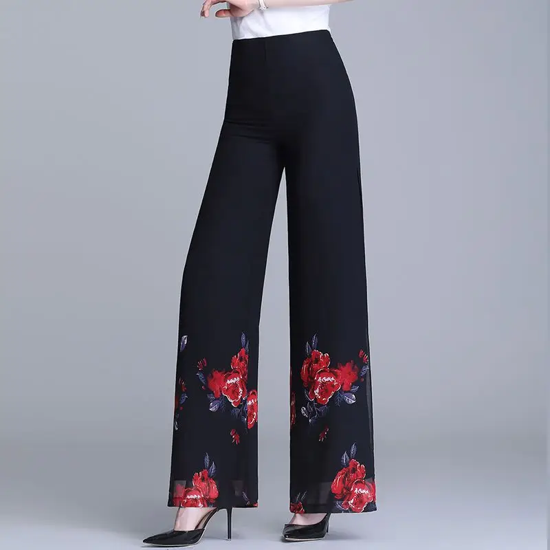 Women's Double Layer Printed Chiffon Wide Leg Pants Summer High Waist Loose Palazzo Trousers Flowy Beach Skirt Pants