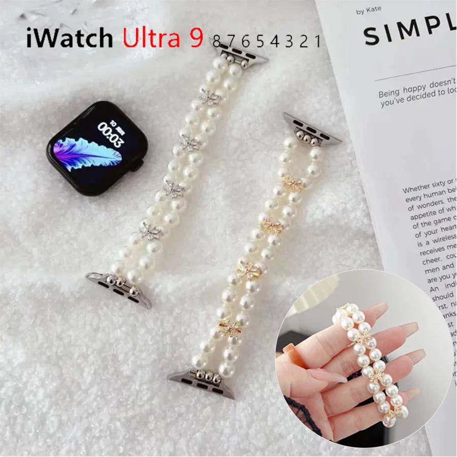 Luxury Ribbon Pearls Strap For Apple Watch Ultra 49mm 45mm 41mm 44mm 40mm 42mm 38mm Beauty Bracelet For iWatch Series 9 8 7 6 5