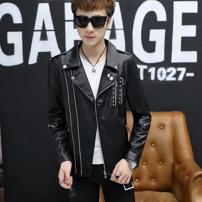 Men's Zipper Lapel Pu Leather Jackets British Punk Rock Tops Retro Winter New Thick Warm Casual Motorcycle Jacket