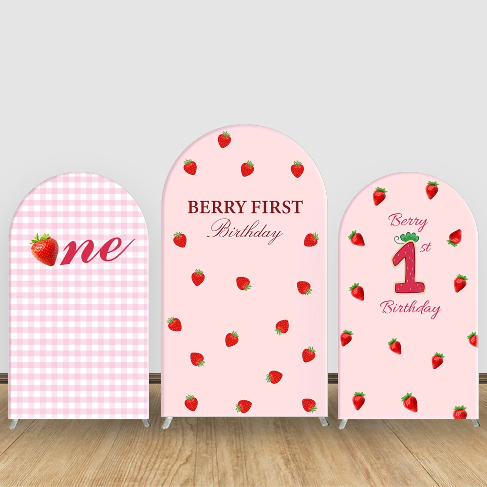 

Pink Strawberry Theme Arch Backdrop Cover Baby Girl 1st Birthday Party Decorations for Babyshower Customize name Elastic Fabric