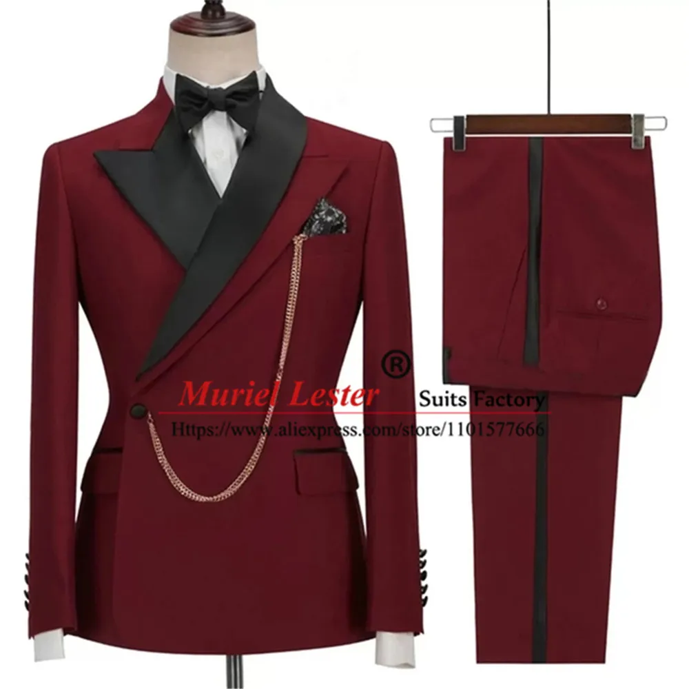 

Burgundy Suits Men Slim Fit Groom Wedding Tuxedo Tailored Made Black Peaked Laple Jacket Pants 2 Pieces Set Prom Party Clothing