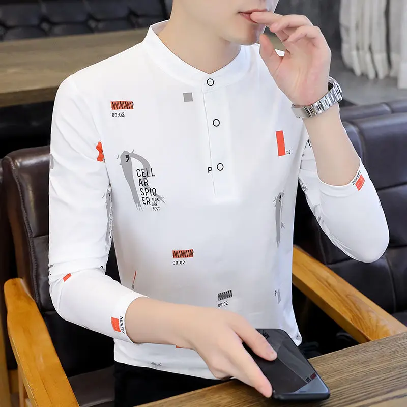 Men Clothing Spring Autumn Korean Fashion Print Button Basic Polo T-shirt Male Casual Stand Collar Long Sleeve Slim Cotton Tops