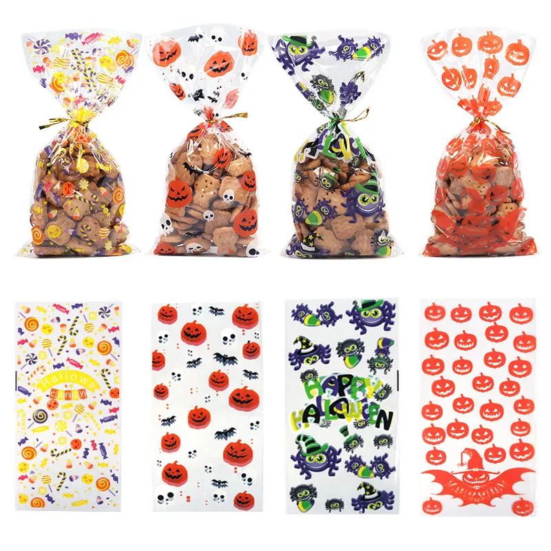 50pcs Halloween Cellophane Treat Bags Ghost Pumpkin Plastic Goodie Candy Bag for Kids Clear Snack Bag Halloween Party Decoration