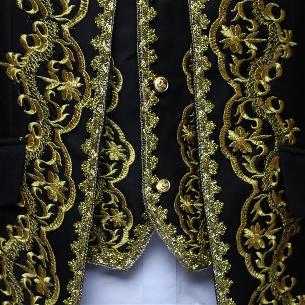 Chaqueta de noche de Gala de teatro blanco elegante para hombre, traje de 3 piezas con apliques Vintage, escenario negro y dorado